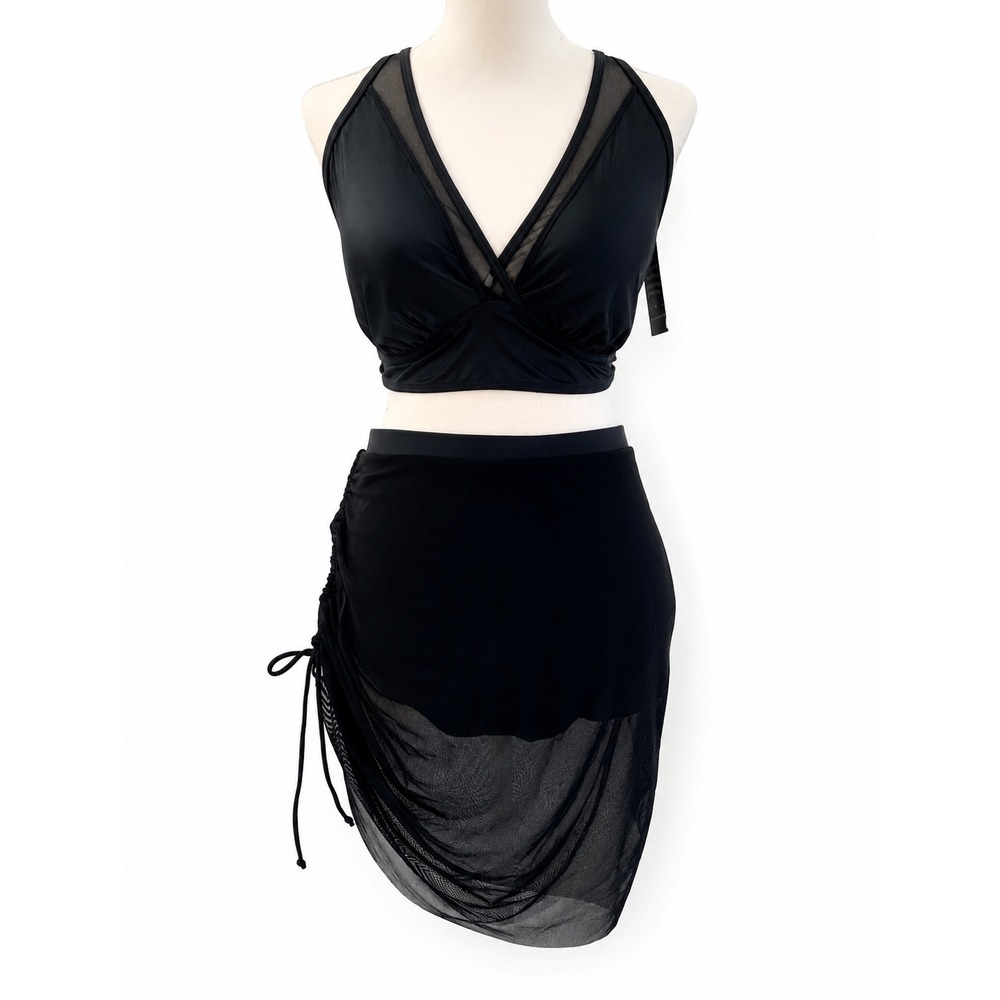 Blooming Jelly Black Swimsuit Womens XL Mesh Swim Skirt Resort Vacation Swimwear